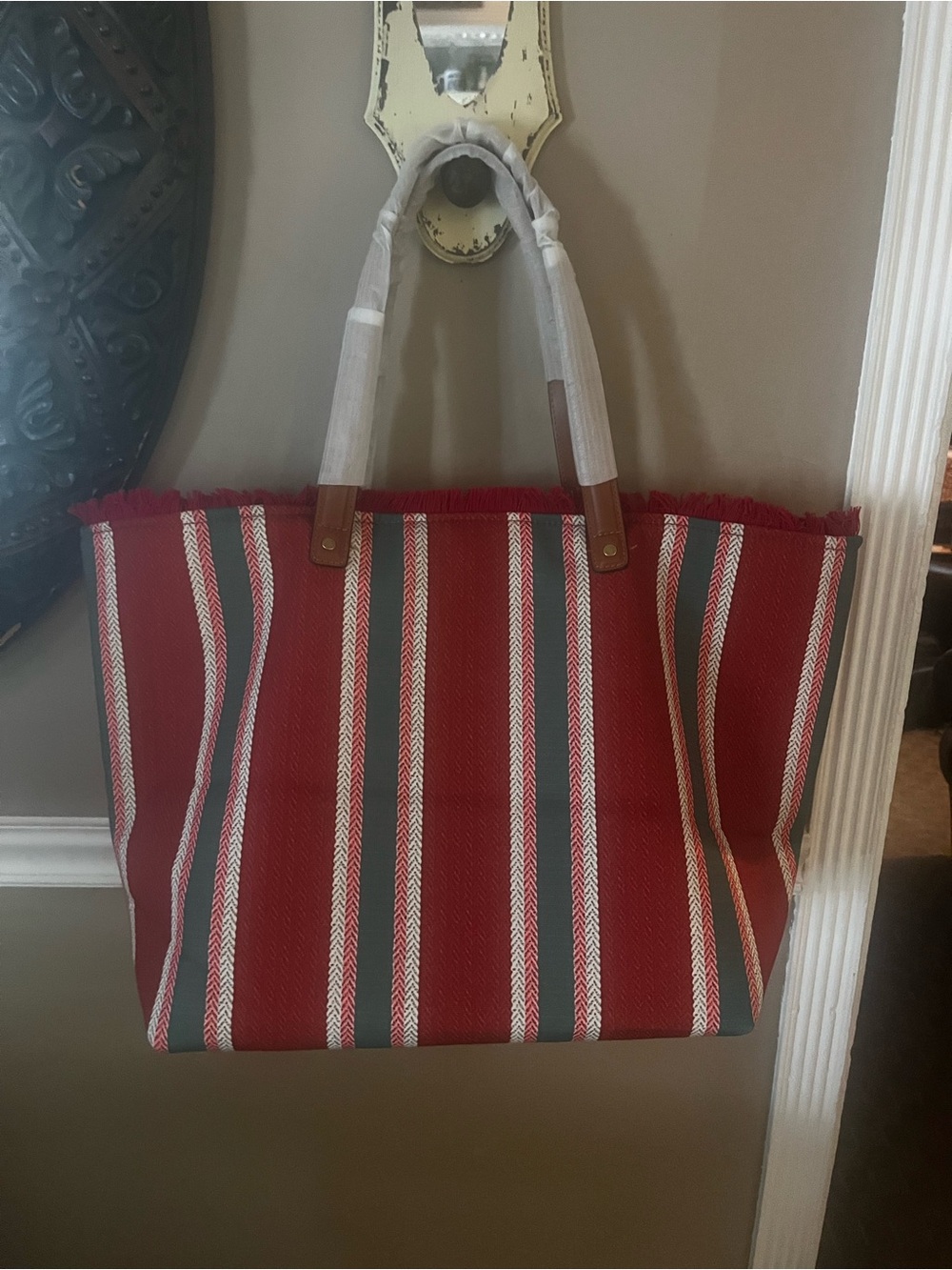 Huge Gucci style beach bag Red White and Green Striped Canvas Tote - Picture 9 of 10